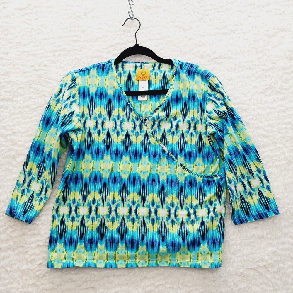 T-Shirt Teal Blue Ikat Boho Tribal Y2K Whimsycore Vacation Casual Resort Size M